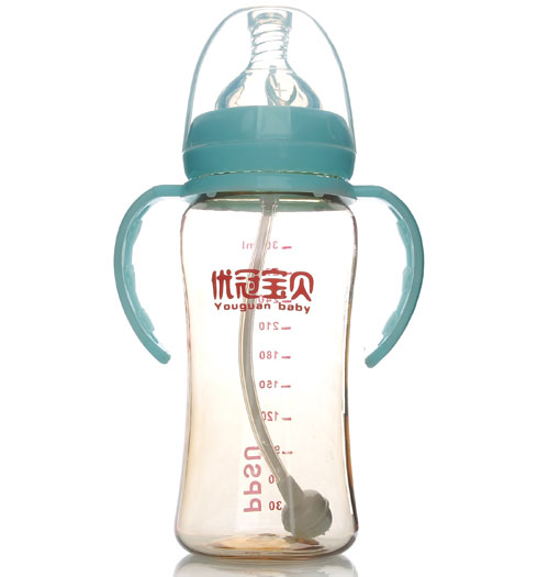 優(yōu)冠寶貝PPSU寬口帶柄自動奶瓶300ml藍(lán)色