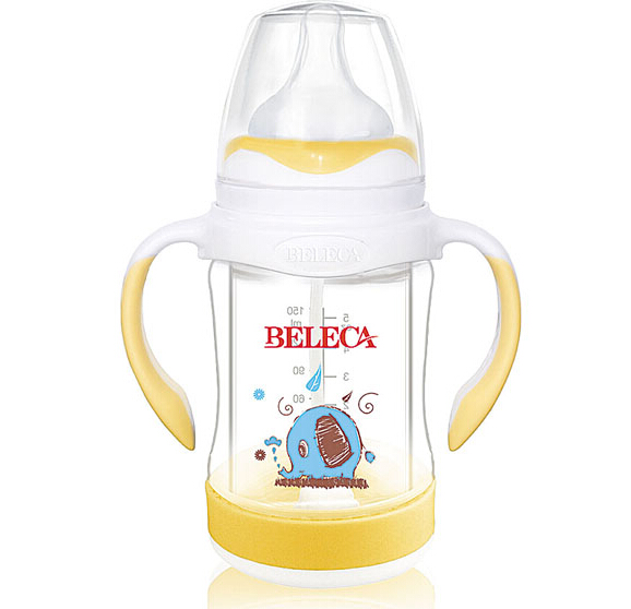 貝樂嘉包膠手柄兩用防爆奶瓶黃色