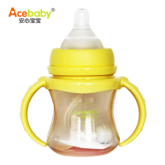 安心寶寶150ml寬口納米銀抗菌雙耳自動(dòng)PP奶瓶無蓋黃色手柄