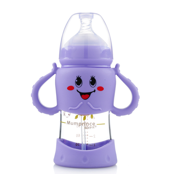 媽咪王子寬口晶鉆玻璃自動吸卡通奶瓶200ml 紫色