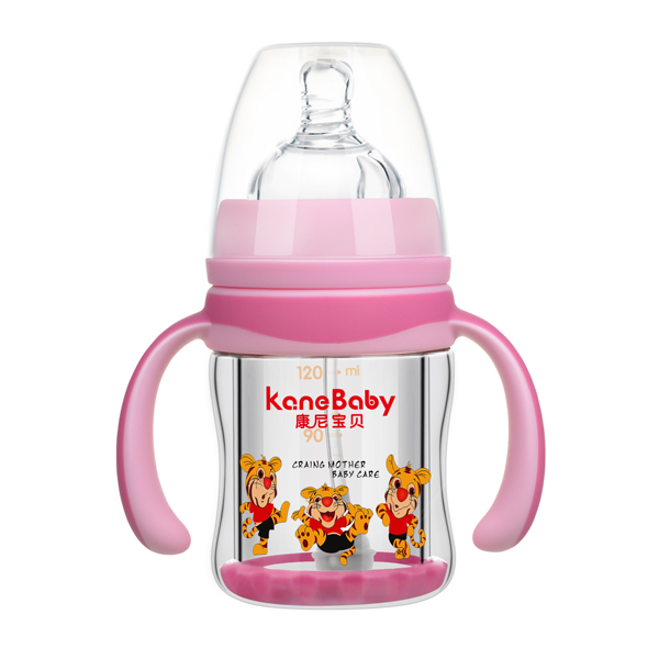 康尼寶貝弧形寬口有柄自動防爆玻璃奶瓶120ml 紅色