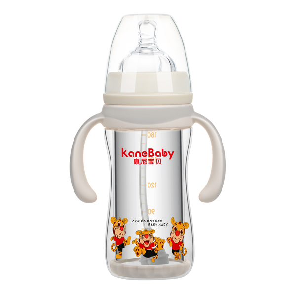 康尼寶貝弧形寬口有柄自動防爆玻璃奶瓶180ml 灰色