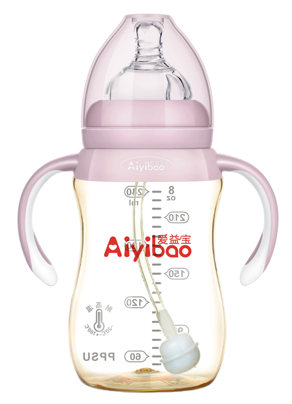 愛(ài)益寶寬口弧形有柄自動(dòng)PPSU奶瓶240ml 粉色