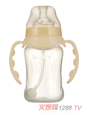 嬰之美寬口雙耳自動弧形PP奶瓶210ML乳白色