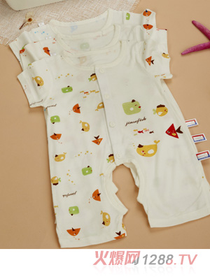 金色小魚蘆薈纖維單面小魚短袖開(kāi)檔哈衣