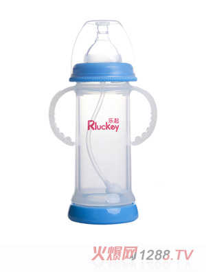 樂起寬口雙層防爆有耳自動(dòng)晶鉆玻璃底部透氣奶瓶220ml藍(lán)色