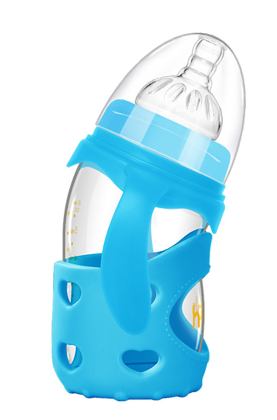 浩一貝貝新生兒彎頭寬口防脹氣奶瓶藍(lán)色雙柄160ml